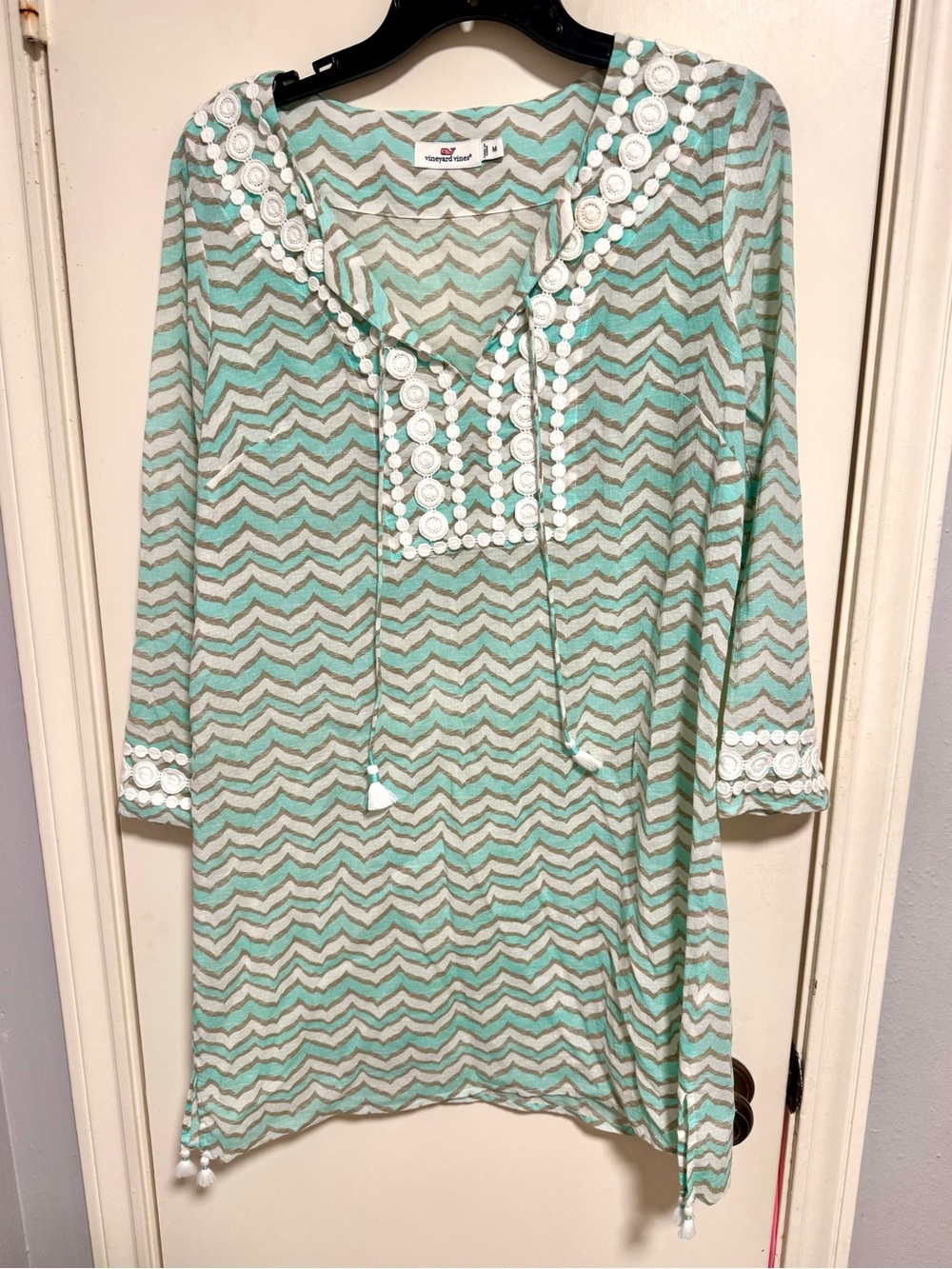 Vineyard Vines Aqua and Cream Chevron Swimsuit Cover Tunic with Embroidered Trim